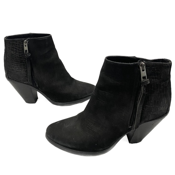 All Saints Womens Jonas‎ Leather Ankle Bootie 41 Black Embossed Nubuck Heeled - Picture 2 of 12